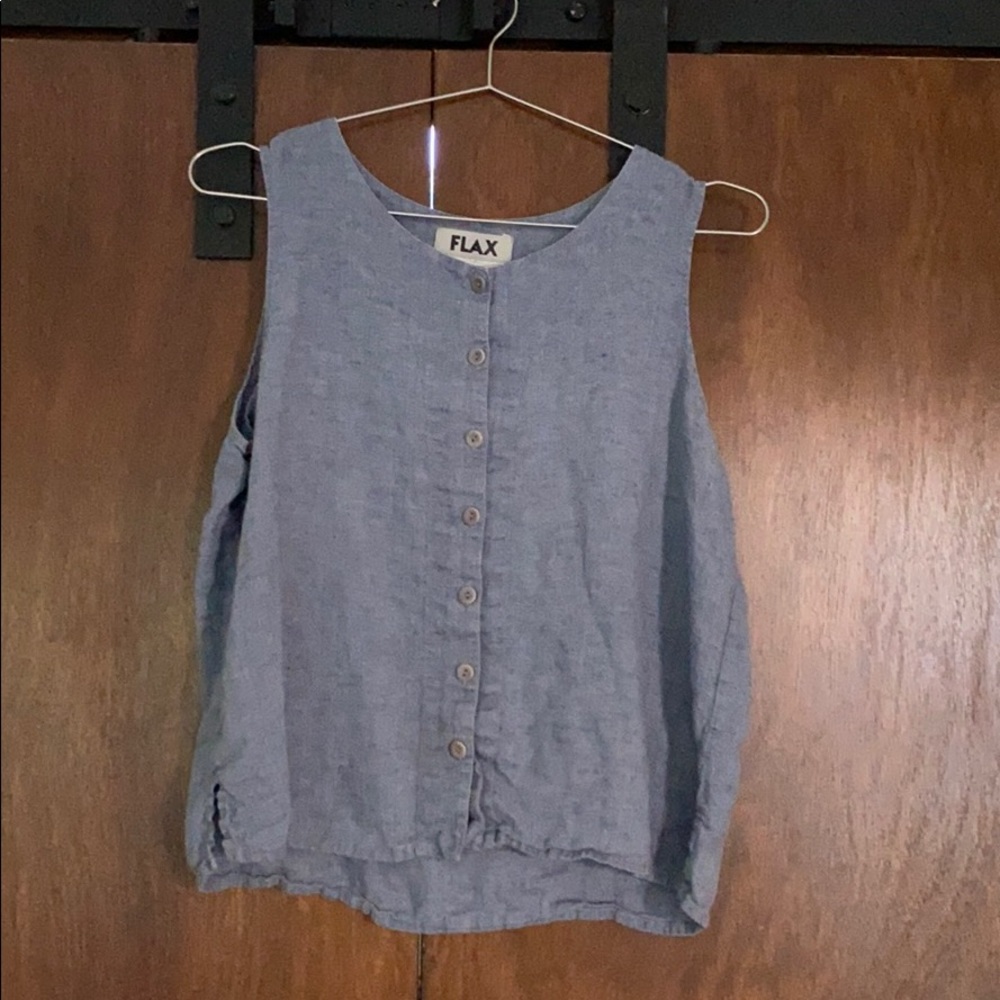 Blue linen button up tank top by FLAX